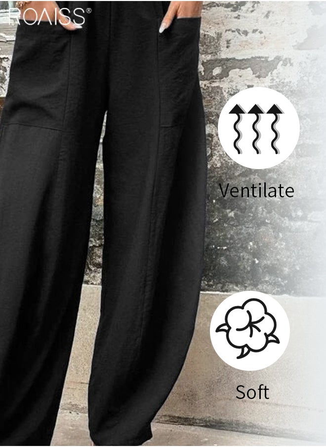 roaiss - Womens Cotton Linen Palazzo Pants Elastic Waist Casual Wide Leg Trousers With Pockets - Image 1