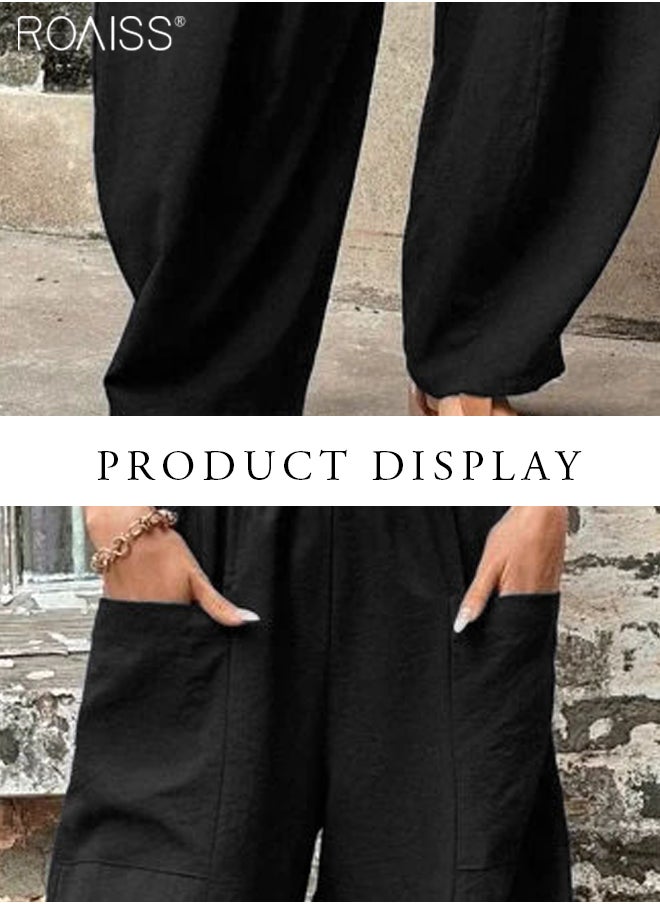 roaiss - Womens Cotton Linen Palazzo Pants Elastic Waist Casual Wide Leg Trousers With Pockets - Image 1