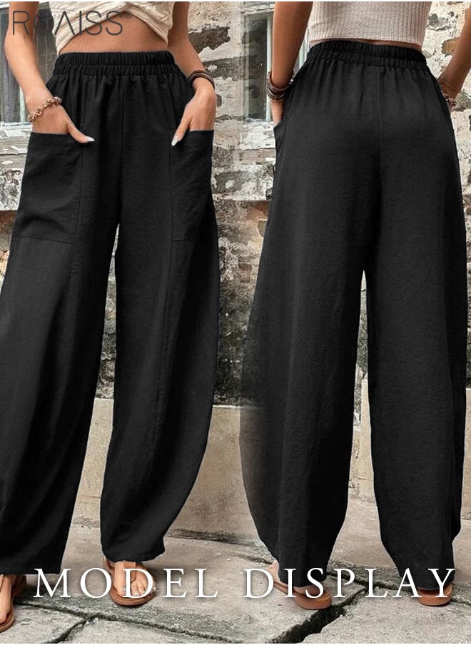 roaiss - Womens Cotton Linen Palazzo Pants Elastic Waist Casual Wide Leg Trousers With Pockets - Image 1