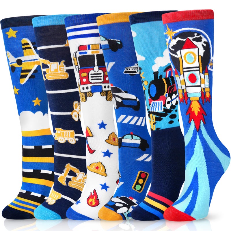 ANTSANG Kids Girls Knee High Socks Fashion Funny Crazy Stockings Gift Cute Novelty Long Boot Cotton Socks for Child 6 Pairs(Cartoon Car,3-12 Years) - Image 1