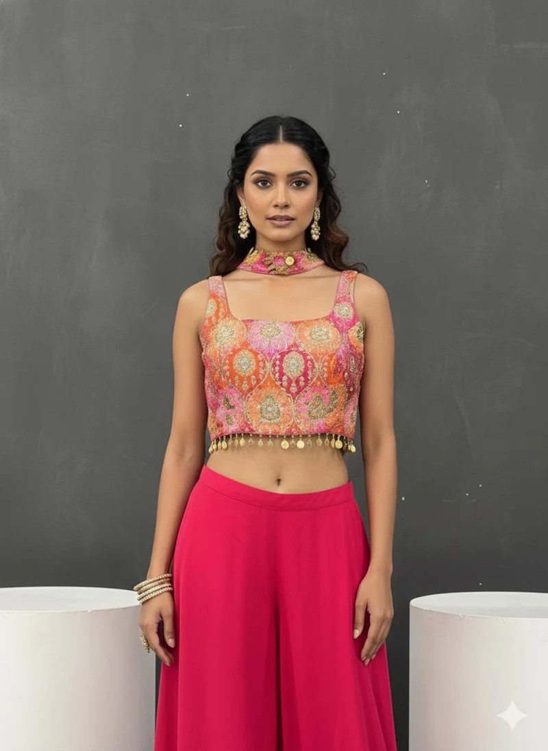 Lehar Fuchsia Radiance Embroidered Crop Top & Palazzo Set