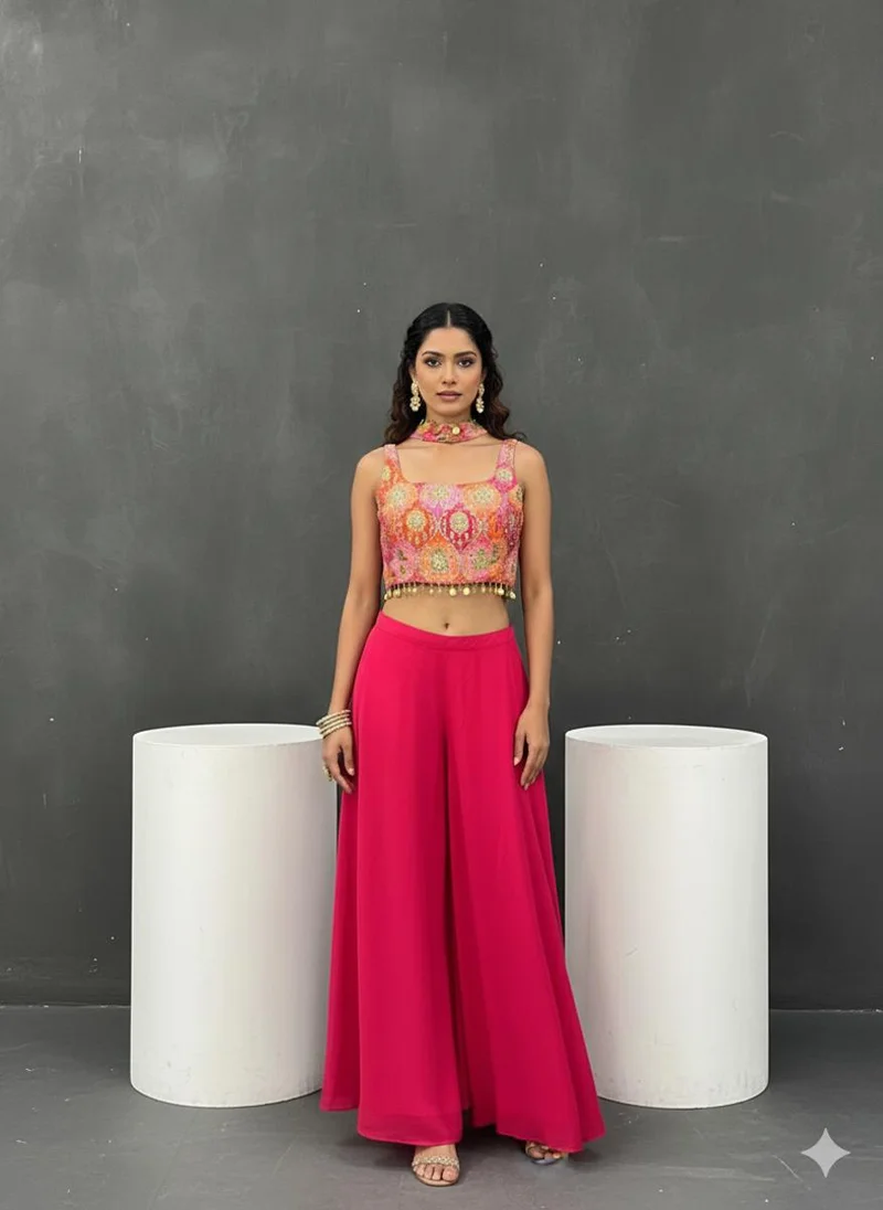 Lehar Fuchsia Radiance Embroidered Crop Top & Palazzo Set