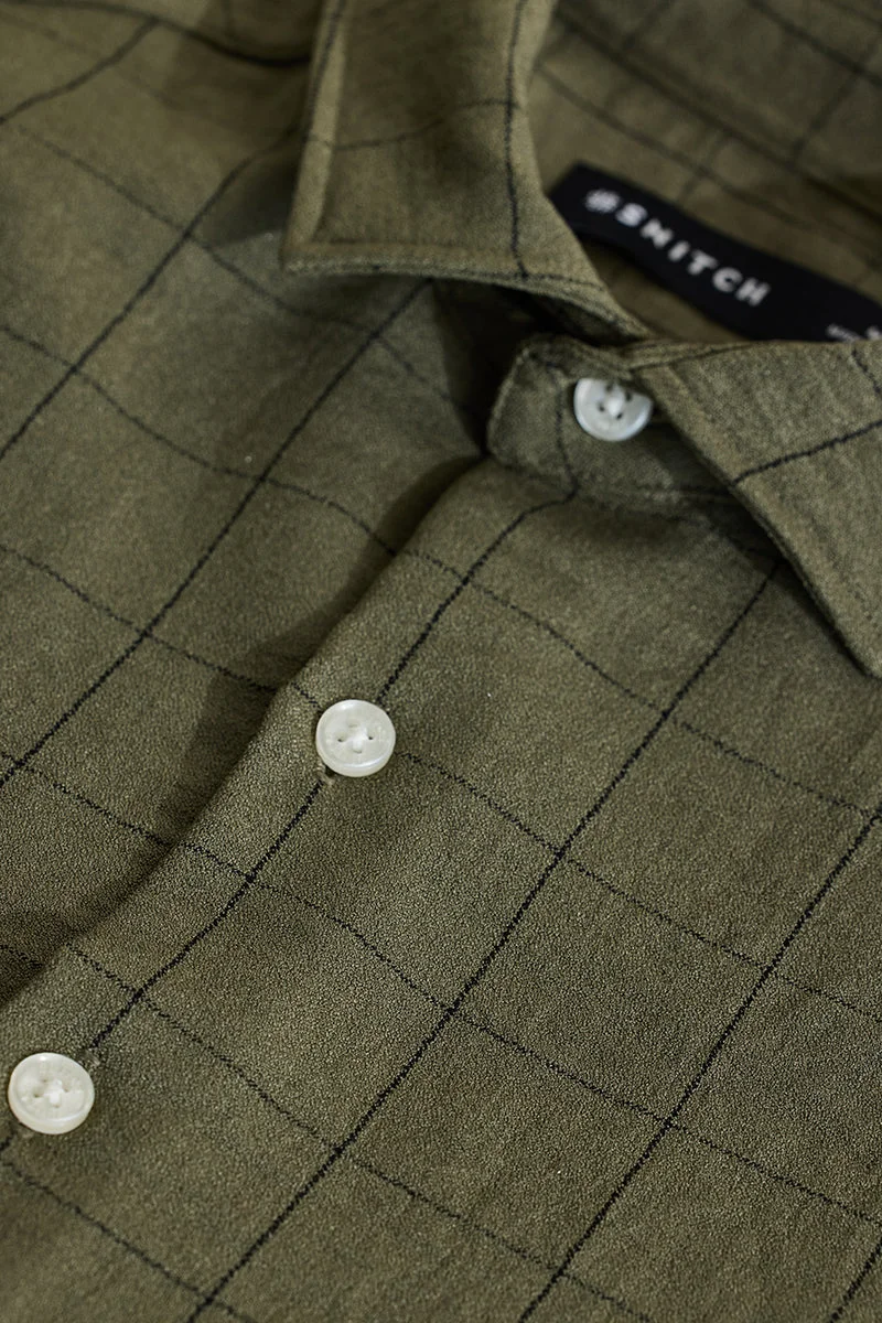 SNITCH Olive Green Checkered Long Sleeve Slim Fit Shirt
