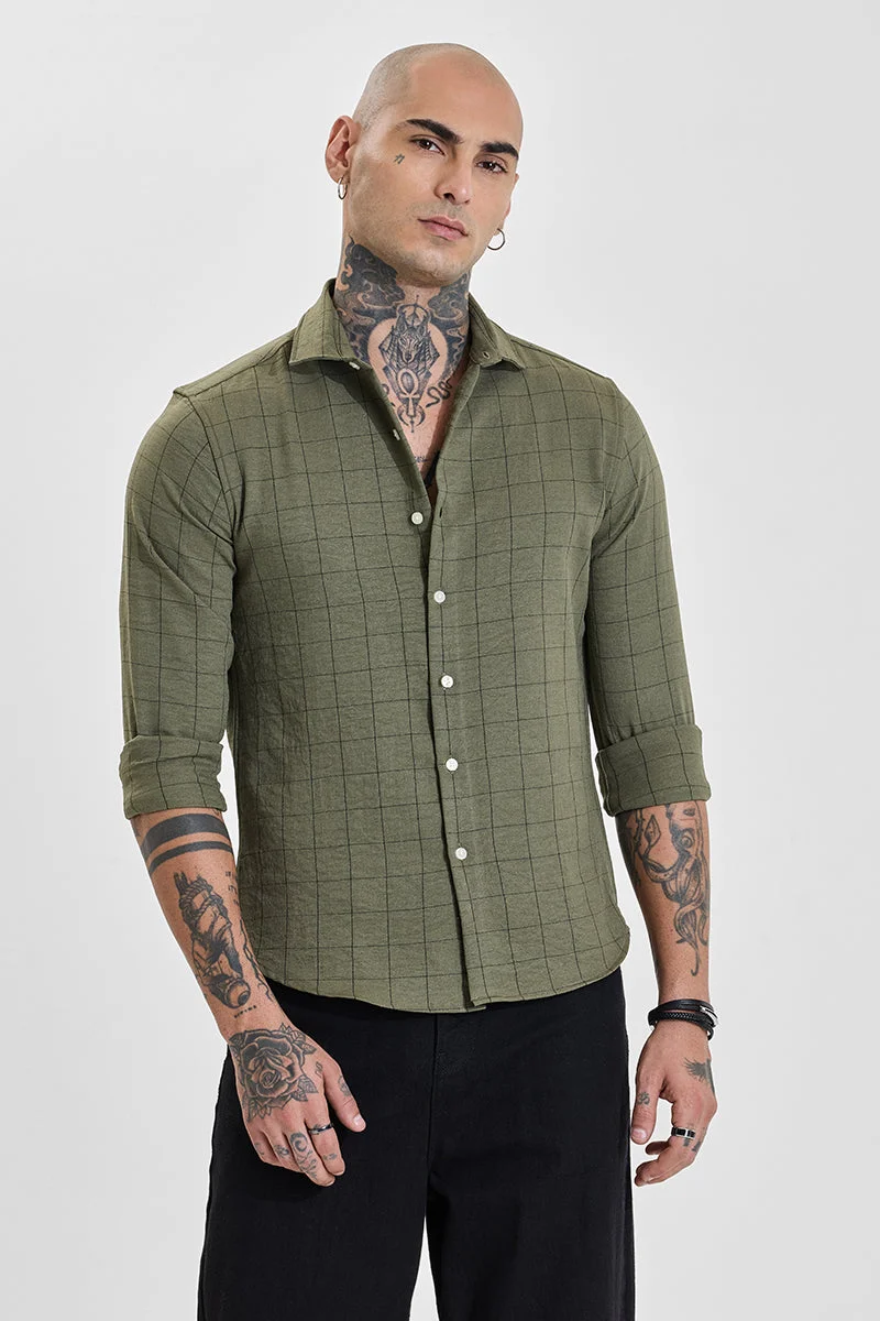 SNITCH Olive Green Checkered Long Sleeve Slim Fit Shirt