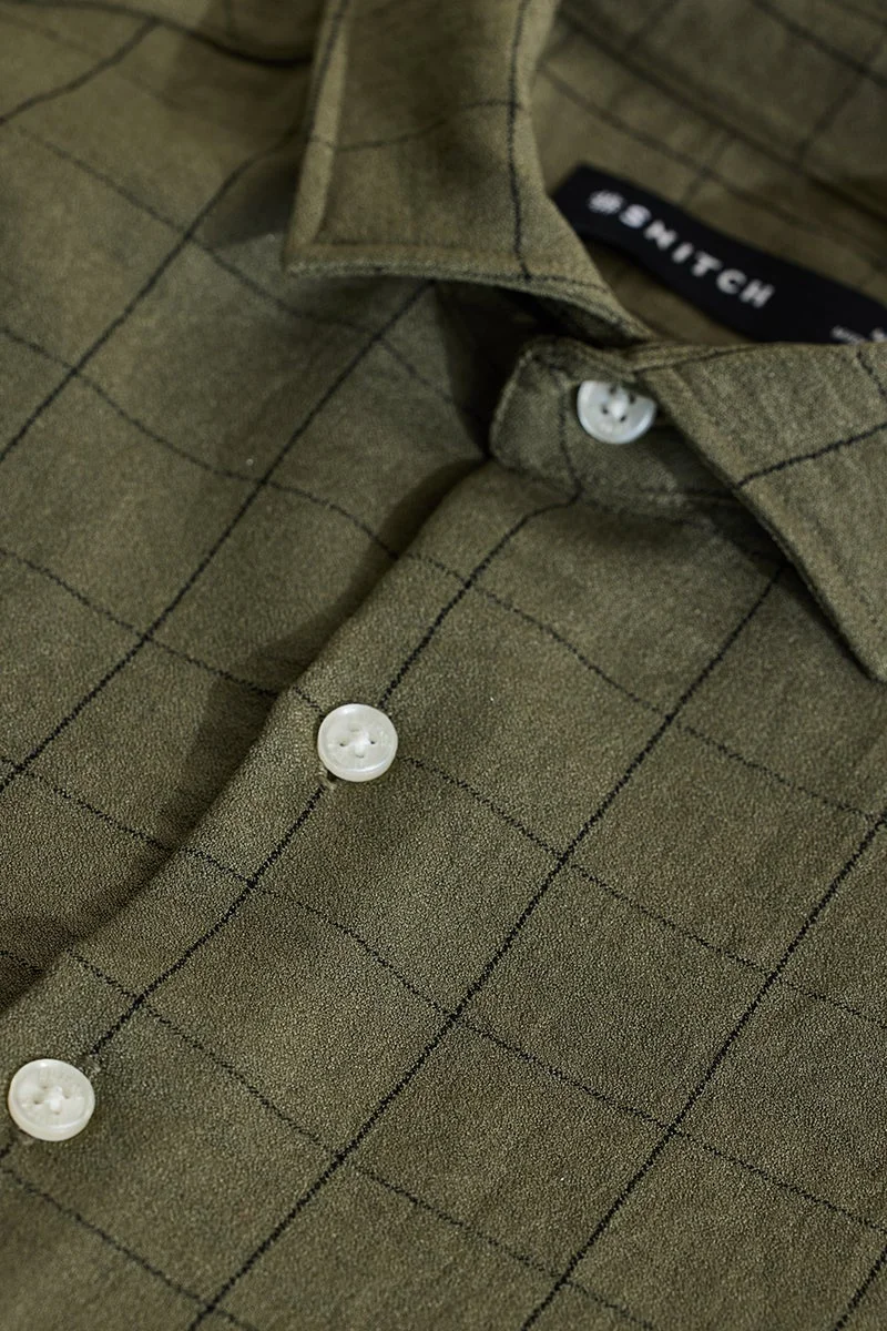 SNITCH Olive Green Checkered Long Sleeve Slim Fit Shirt