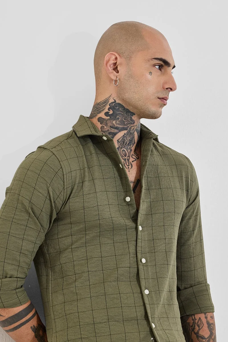 SNITCH Olive Green Checkered Long Sleeve Slim Fit Shirt