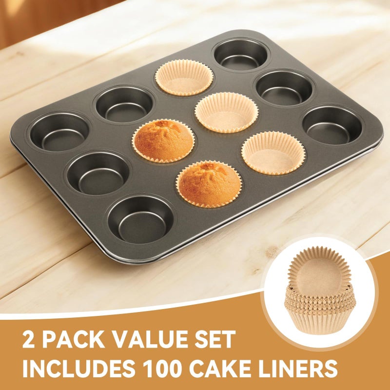 Artcochan 2 Pack Muffin Pan Set,12 Cup Nonstick Carbon Steel Cupcake Pan with 100 Liners,Standard Muffin Tin for Cupcakes and Baking Supplies - Image 2