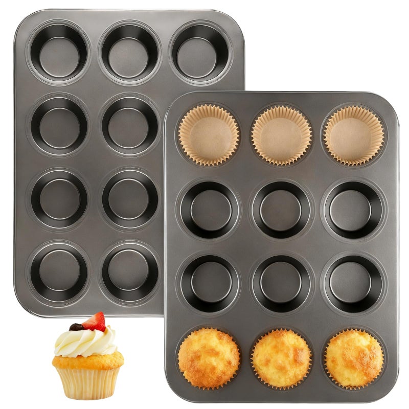 Artcochan 2 Pack Muffin Pan Set,12 Cup Nonstick Carbon Steel Cupcake Pan with 100 Liners,Standard Muffin Tin for Cupcakes and Baking Supplies - Image 1