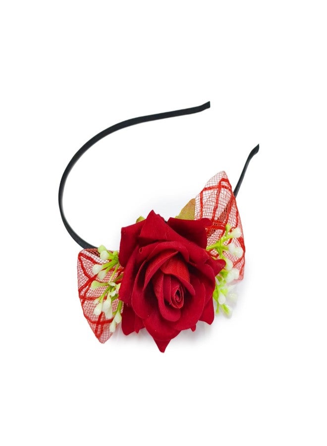 Fairytale Elegant Velvet Rose Hair Band with Mesh Netting, Floral Design Headband for Girls, Black Band with Artificial Flowers - Image 1
