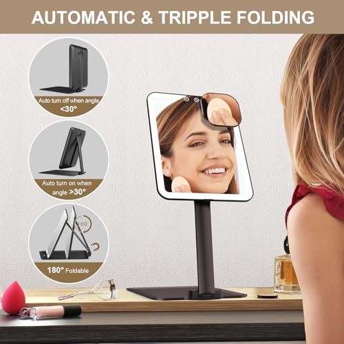 Mocado Travel Makeup Mirror with Light Tripple Folding Vanity Mirror with Lights 3 Colors Lighted Makeup Mirror 1500mAh Rechargeable Memory Function Freely Adjust Height and AngleBlack - Image 3