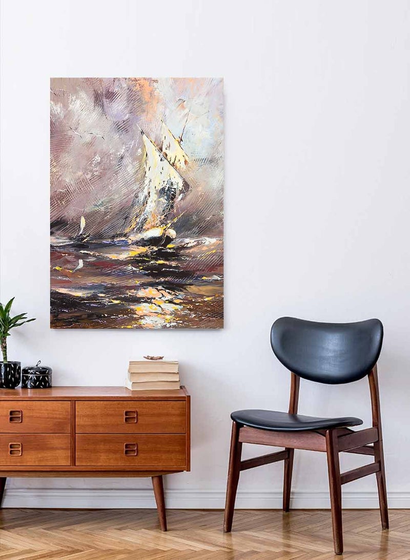 LOWHA Framed Canvas Wall Art Stretched Over Wooden Frame, Wrecking Storm On Boat Painting, For Home, Living Room, Office Decor - Image 1