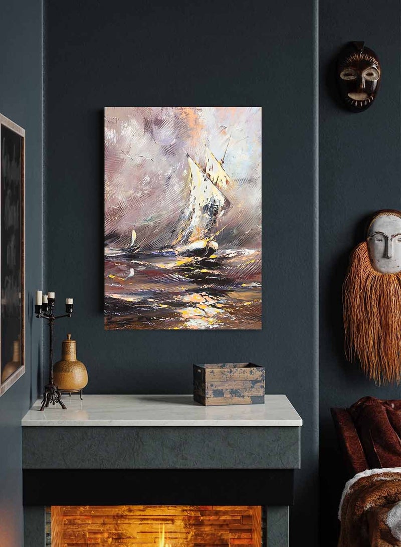 LOWHA Framed Canvas Wall Art Stretched Over Wooden Frame, Wrecking Storm On Boat Painting, For Home, Living Room, Office Decor - Image 3