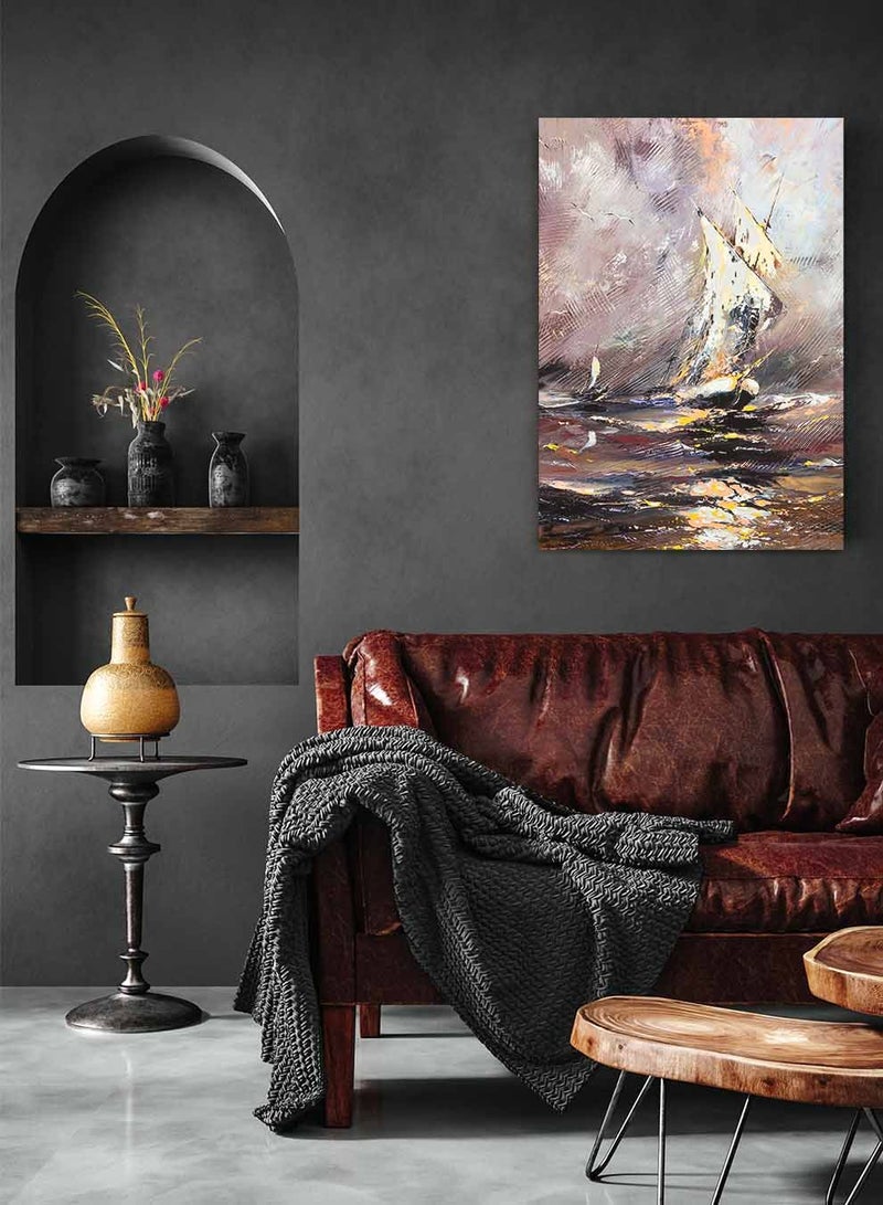 LOWHA Framed Canvas Wall Art Stretched Over Wooden Frame, Wrecking Storm On Boat Painting, For Home, Living Room, Office Decor - Image 4