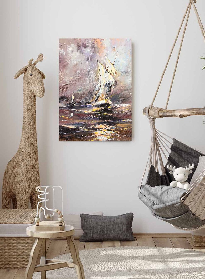 LOWHA Framed Canvas Wall Art Stretched Over Wooden Frame, Wrecking Storm On Boat Painting, For Home, Living Room, Office Decor - Image 2