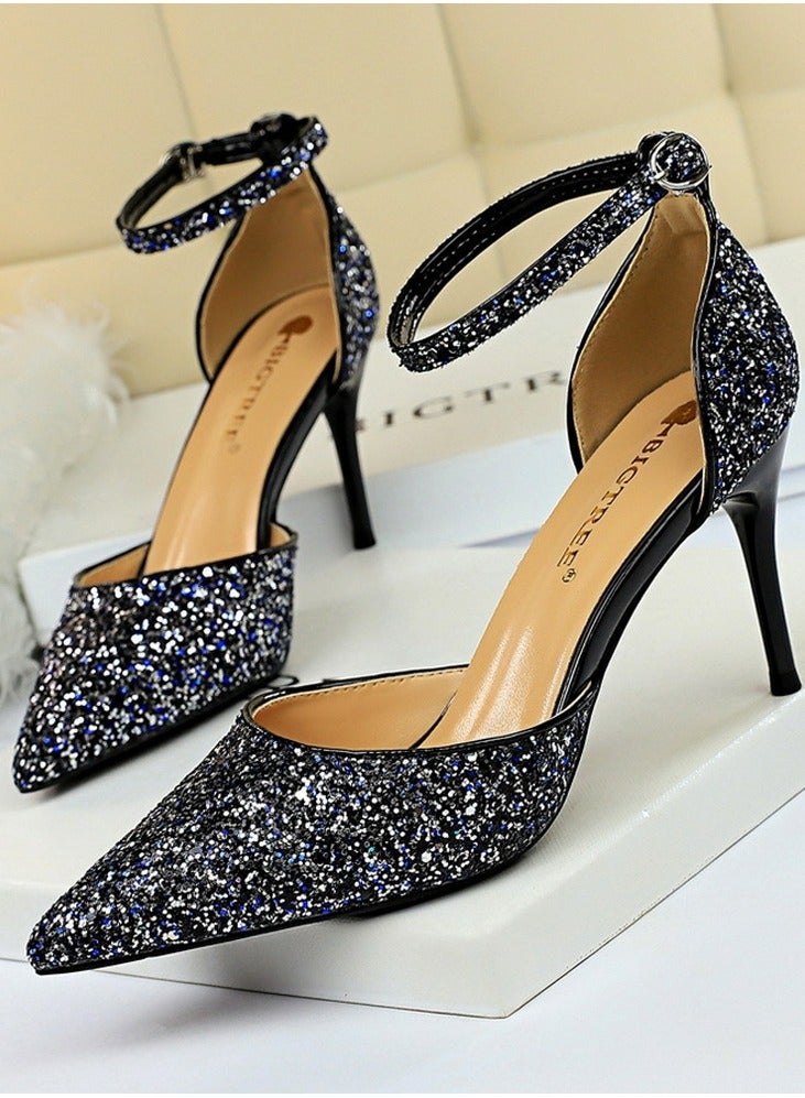 بيج تري Women's Sequin Closed Pointed Toe 7.5 CM High Heels Ankle Strap Stiletto Pumps Dark Blue