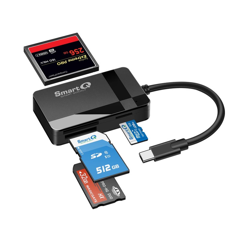 SmartQ قارئ بطاقة SD SmartQ، 4 في 1 USB C 3.0 قارئ بطاقات SD/Micro SD/MS/CF، محول للكاميرا، متوافق مع MacBook Pro، MacBook Air/iPad Pro، Samsung Galaxy S10/S9/S8، Surface Book 2 - Image 1