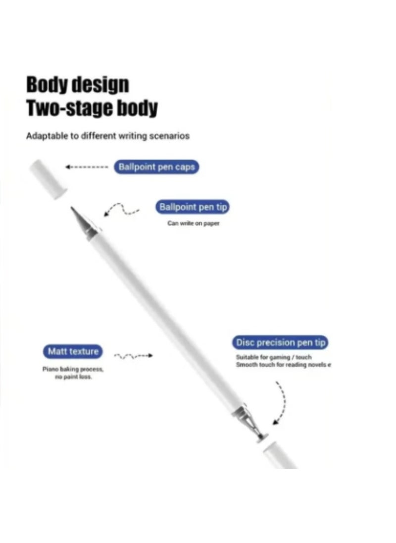 2-in-1 Pen and Ballpoint Pen Compatible with Apple, Android and Touch Screen Tablets for Drawing Office Notes White