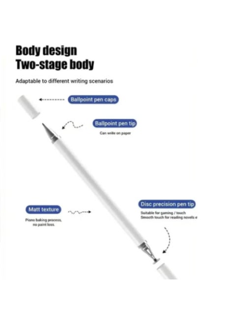 2-in-1 Pen and Ballpoint Pen Compatible with Apple, Android and Touch Screen Tablets for Drawing Office Notes White