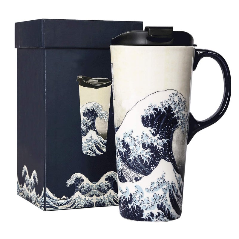 DUSVALLY Tall Ceramic Travel Mug with lid 17ozCoffee Cup Porcelain Latte MugThe Great WaveGifts for Mom