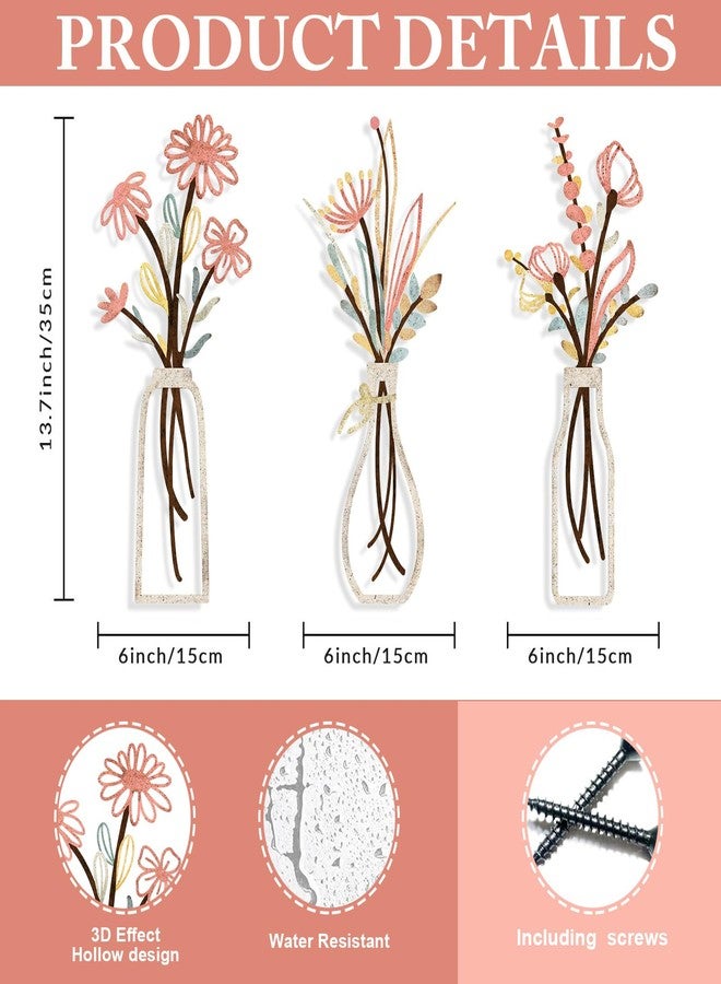 Pigort 3 Pieces Metal Flowers Wall Arts - Rustic Farmhouse Style Décor Metal Wall Art Black Minimalist Flower Natural Themed Wall Decors for Home Bedroom Dining Room Housewarming (Pink Beige) - Image 2