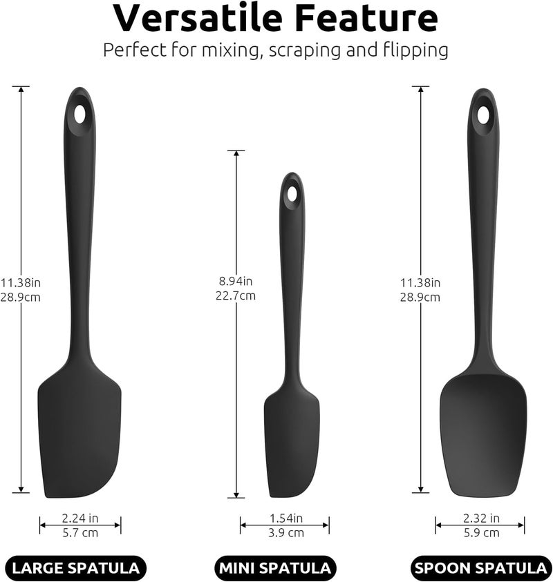 Ramkuwar Silicone Spatula Set 3 Piece-Mini, Large Rubber Scraper& Spoonula 600F Heat Resistant with Stainless Steel Filler for Cooking Baking and Mixing.(SPATULA-3A) (Black) - Image 2