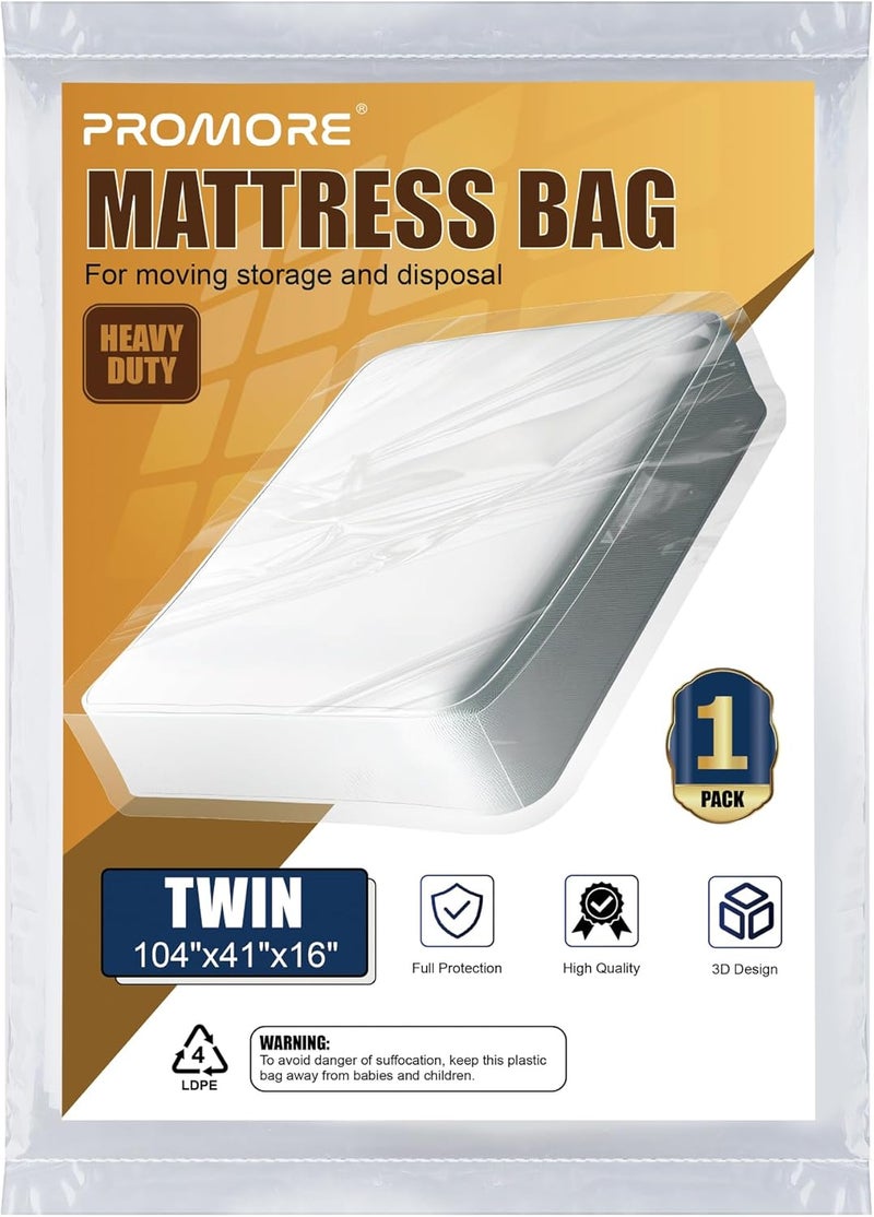 PROMORE Twin Plastic Mattress Bag for Disposal, Clear Mattress Covers for Moving or Storage(3Mil,Twin Size,104"x41"x16") - Image 1