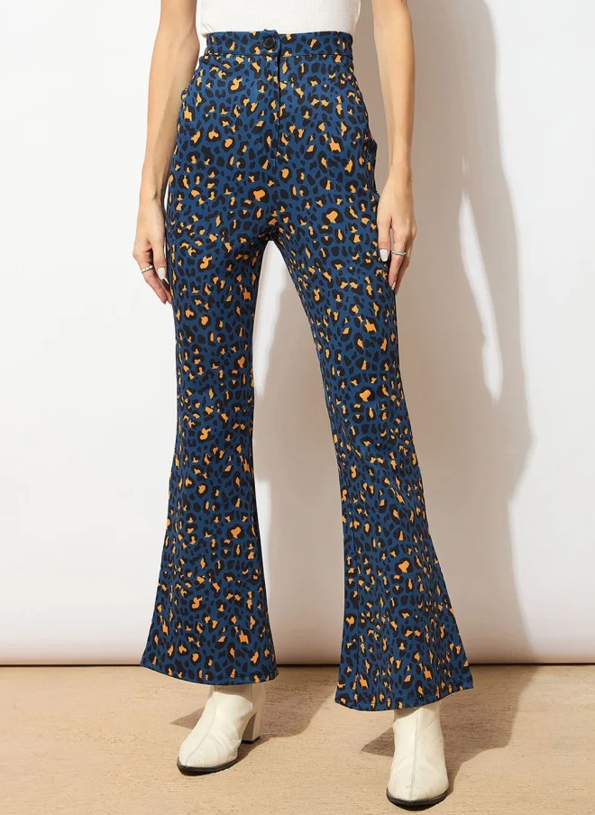Navy Blue Animal Printed Bootcut Trousers for Women