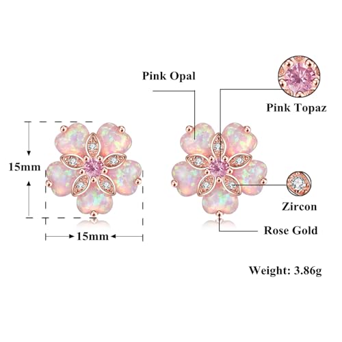 CiNily 14K Rose Gold Plated Flower Stud Earrings Womens Pink Opal Earrings Hypoallergenic Big Gemstone Stud Earrings 15 mm - Image 3