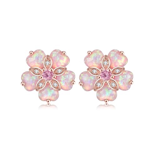 CiNily 14K Rose Gold Plated Flower Stud Earrings Womens Pink Opal Earrings Hypoallergenic Big Gemstone Stud Earrings 15 mm - Image 1