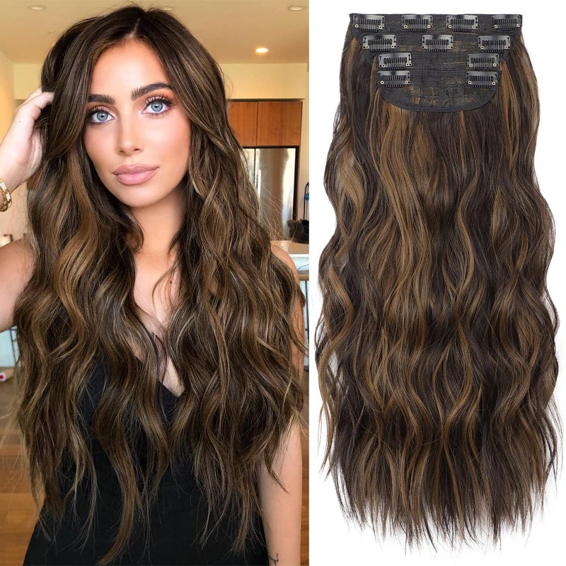 KooKaStyle Clip in Synthetic Hair Extensions Long Wavy 4PCS Thick Hairpieces Balayage Dark Brown to Chestnut Fiber Double Weft Natural Hair Extensions 16 Inch for Women