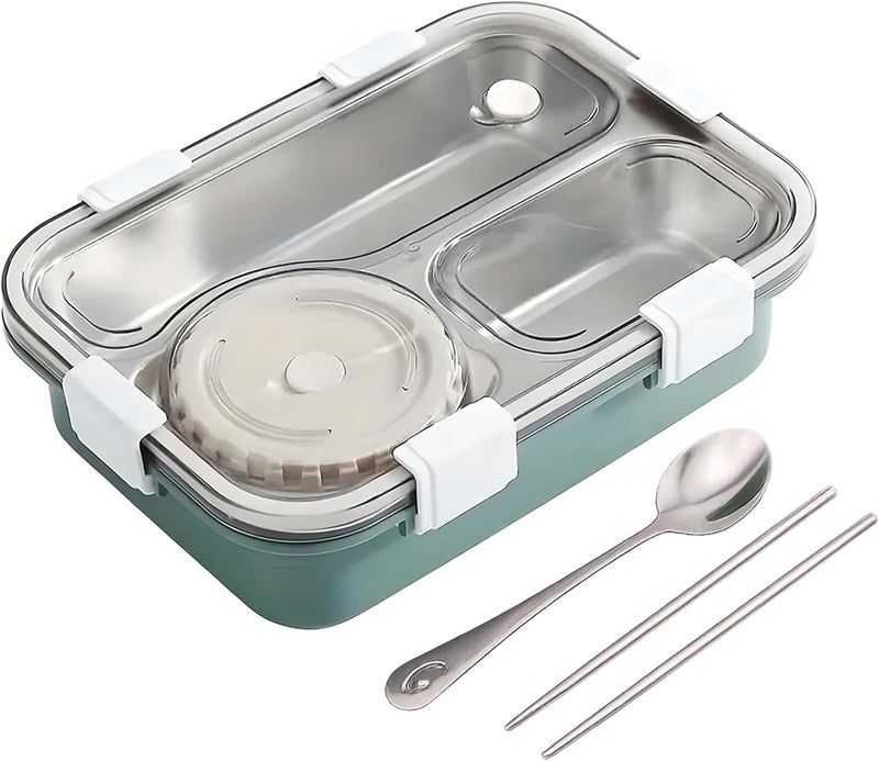 BrainGiggles Stainless Steel Lunchbox with Thermos and Cutlery | 3-Compartments Insulated Lunch Box for Adults, Kids | Leak Proof Tiffin for Kids | Bento Box for School, Office (Green) - Image 1
