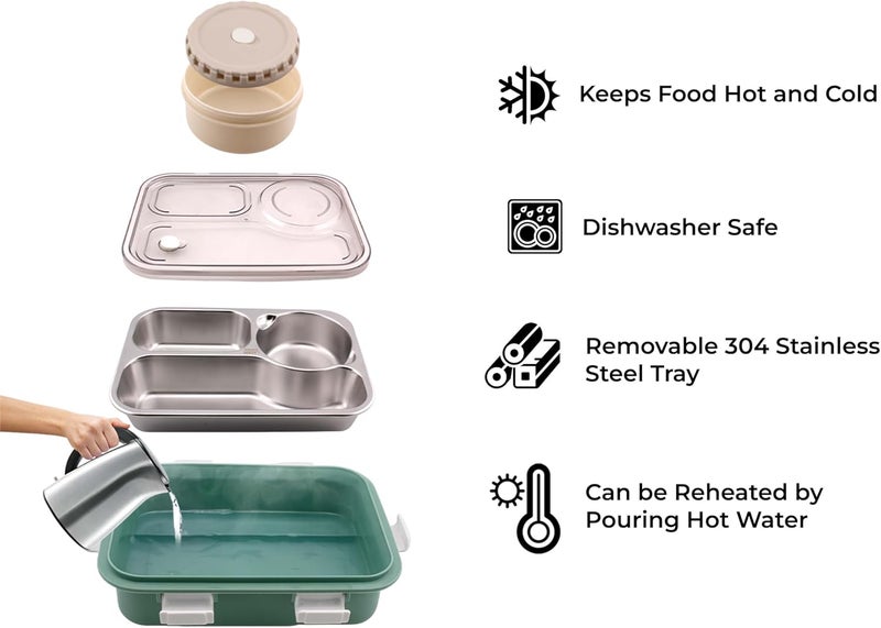 BrainGiggles Stainless Steel Lunchbox with Thermos and Cutlery | 3-Compartments Insulated Lunch Box for Adults, Kids | Leak Proof Tiffin for Kids | Bento Box for School, Office (Green) - Image 3