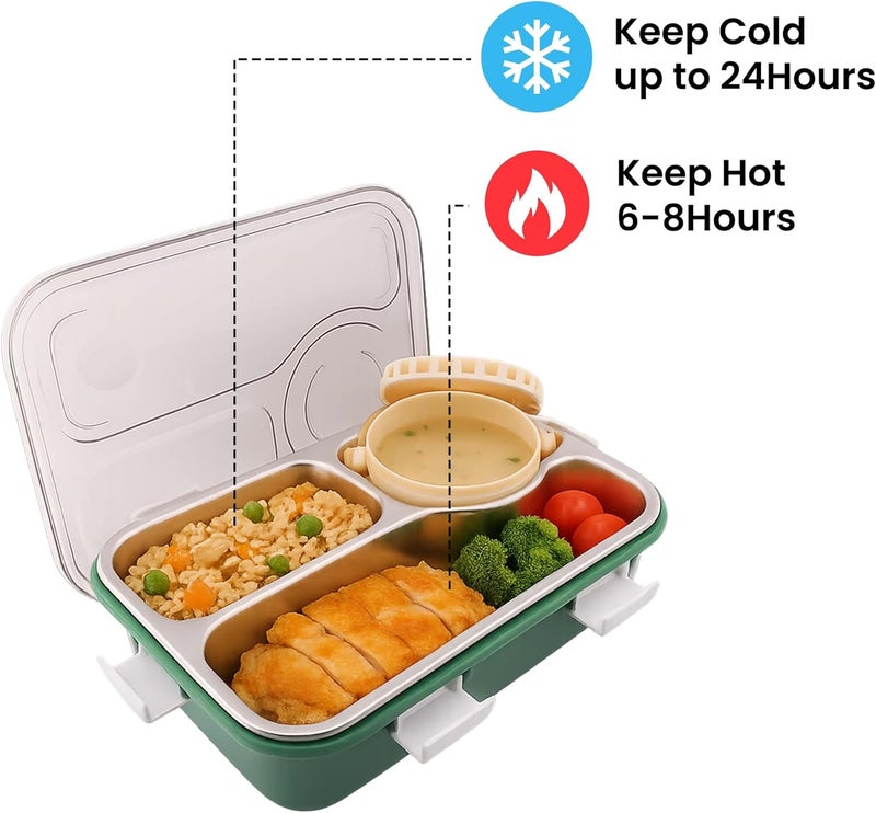 BrainGiggles Stainless Steel Lunchbox with Thermos and Cutlery | 3-Compartments Insulated Lunch Box for Adults, Kids | Leak Proof Tiffin for Kids | Bento Box for School, Office (Green) - Image 5