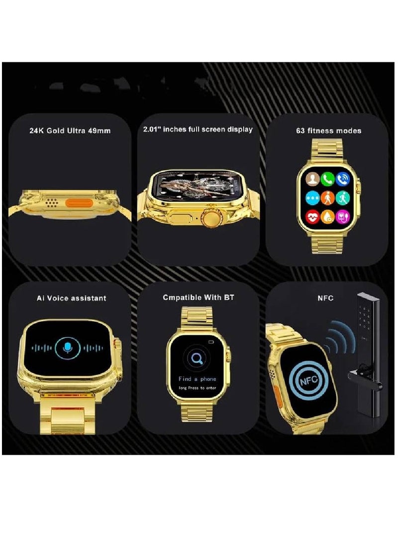 Ultra Design Smartwatch For Men IP67 Water Resistant Bluetooth Call Fitness Tracker Wireless Charge Real-time Health Monitor Golden