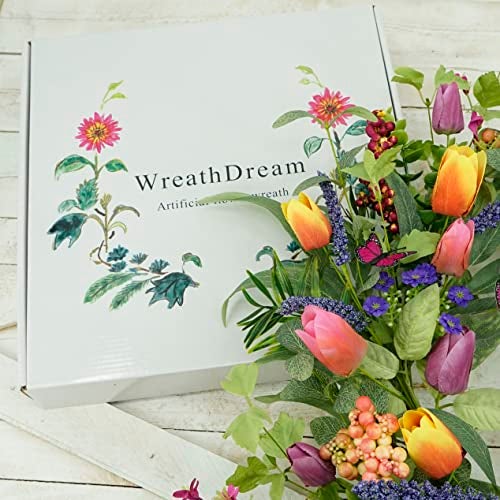 WreathDream إكليل الأحلام 22 بوصة إكليل الربيع والصيف إكليل التوليب لباب المدخل مع خيوط أرجوانية، أوراق الأوكاليبتوس، السرخس، والفراشات لتزيين الجدران الداخلية والخارجية، مهرجان المنزل، ديكور المزرعة، الزفاف - Image 5