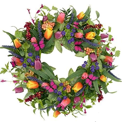 WreathDream إكليل الأحلام 22 بوصة إكليل الربيع والصيف إكليل التوليب لباب المدخل مع خيوط أرجوانية، أوراق الأوكاليبتوس، السرخس، والفراشات لتزيين الجدران الداخلية والخارجية، مهرجان المنزل، ديكور المزرعة، الزفاف - Image 1