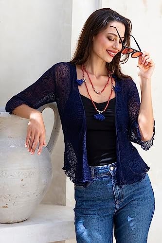 Back From Bali Womens Lightweight Knit Cardigan Shrug Lite Sheer Dark Navy - Image 5