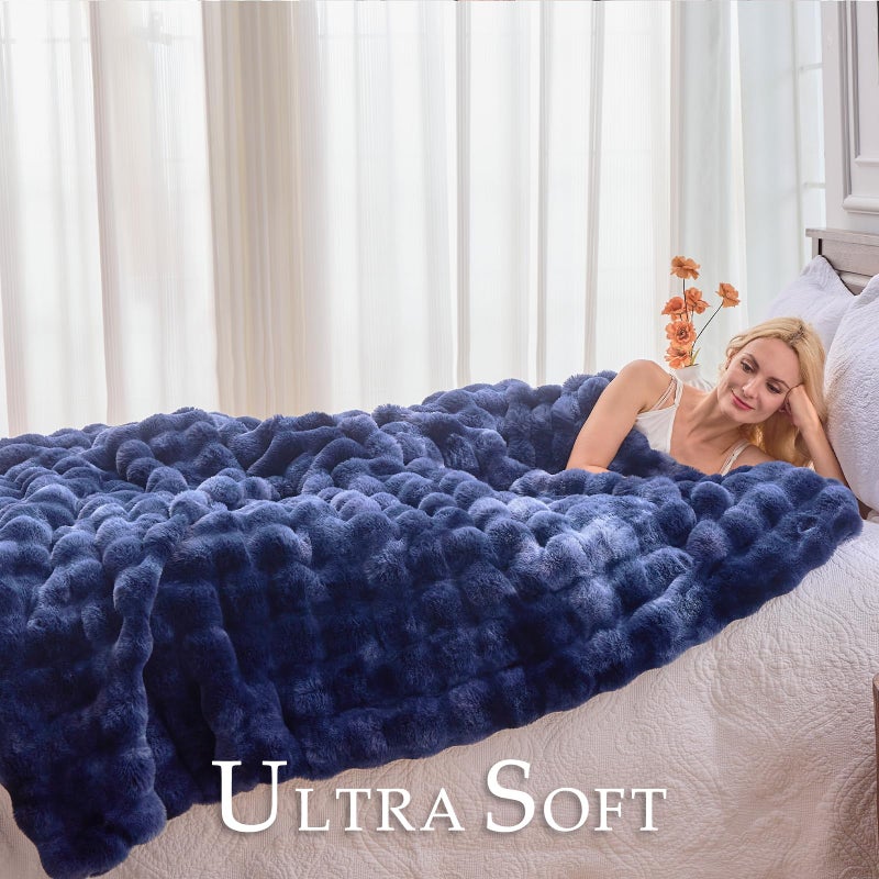 BENVWE Fluffy Faux Fur Throw Blanket for Couch, Soft Plush Thick Cozy Fuzzy Luxury Minky Bubble Blanket for Home Living Room Decor Gift for Women, Tie-dye Blue, 51" x 63", 1100GSM - Image 3