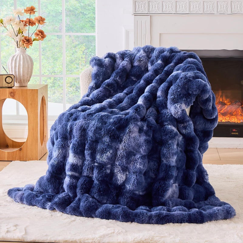 BENVWE Fluffy Faux Fur Throw Blanket for Couch, Soft Plush Thick Cozy Fuzzy Luxury Minky Bubble Blanket for Home Living Room Decor Gift for Women, Tie-dye Blue, 51" x 63", 1100GSM - Image 1