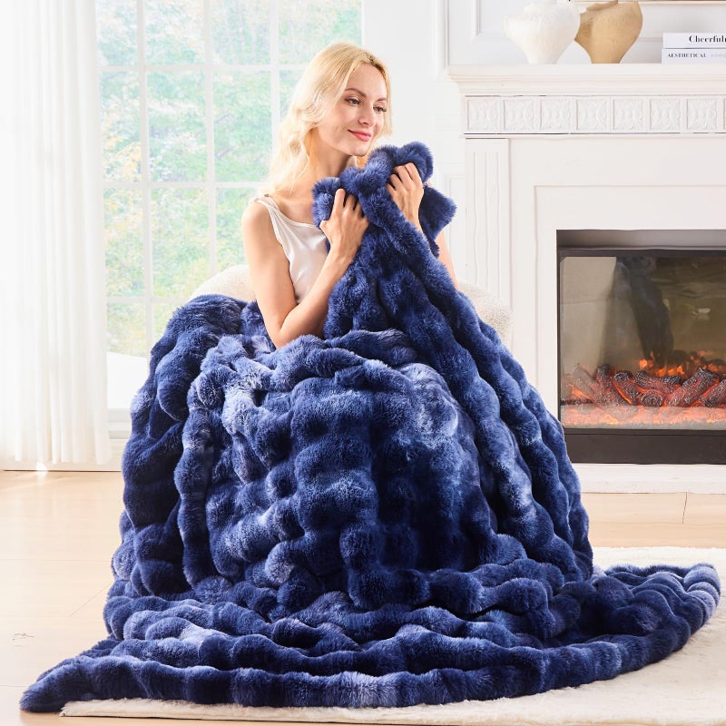 BENVWE Fluffy Faux Fur Throw Blanket for Couch, Soft Plush Thick Cozy Fuzzy Luxury Minky Bubble Blanket for Home Living Room Decor Gift for Women, Tie-dye Blue, 51" x 63", 1100GSM - Image 5