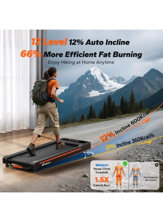 MERACH W50 Walking Pad Treadmills for Home, 12% Auto Incline, 400lbs Capacity, 3.5HP Super Quiet Brushless, 16.5"x41.3" Spacious Running Belt, Under Desk Treadmill with Remote & LED - Image 4