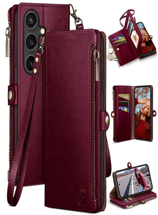 XcaseBar Compatible with Samsung Galaxy S25 Wallet case with Zipper Credit Card Holder【RFID Blocking】,Flip Folio Book PU Leather Phone case Shockproof Cover Men Women for Samsung S25 case Wine Red - Image 1
