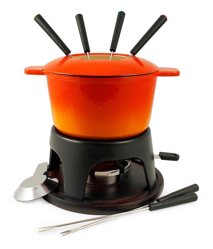 SIERRA CAST IRON FONDUE SET 16 QUART 16 LITER PERFECT FOR MEAT CHEESE CHOCOLATE FONDUES IDEAL FOR FAMILY BONDING HOSTING GIFTS 12PIECES GRADIENT ORANGE