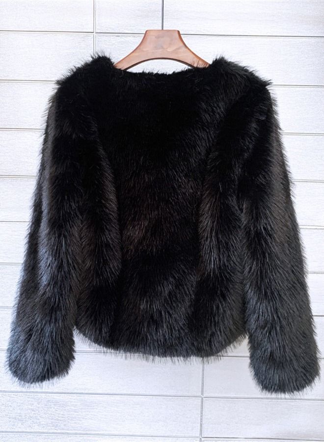 Loquat Women's Solid Color Imitation Fur Short Coat Black  - Image 2
