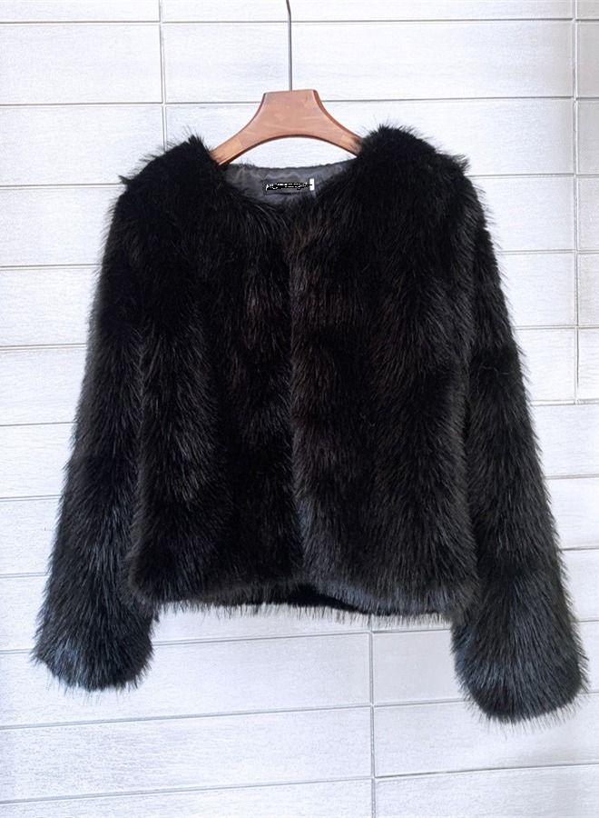 Loquat Women's Solid Color Imitation Fur Short Coat Black  - Image 1