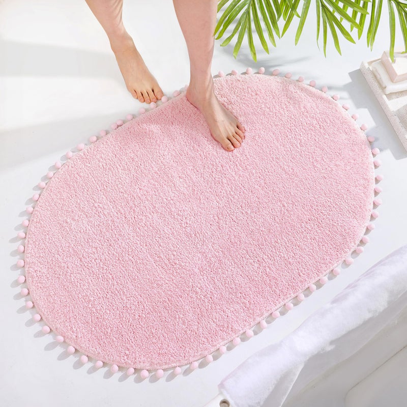 YIRDDEO Bath Mat Pink Rug with Pom Oval Bathroom Rugs for Bedroom Non Slip Cute Boho Absorbent Mats Soft Plush Washable Rug (24x36 inches) - Image 1