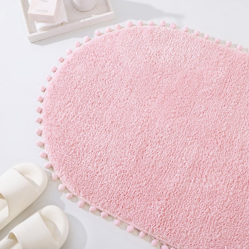 YIRDDEO Bath Mat Pink Rug with Pom Oval Bathroom Rugs for Bedroom Non Slip Cute Boho Absorbent Mats Soft Plush Washable Rug (24x36 inches) - Image 3