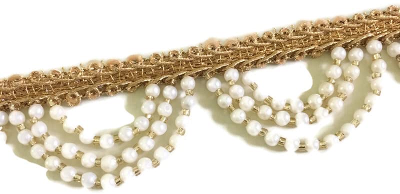 DaSync Offwhite Pearl Cream Colour Tassel Latkan Hanging,Fringe Golden Beads Jhallar Laces And Border Material Zhallar Dresses,Blouse,Dupatta,Sari,Choli,Chunni,Sarees,Lehenga,Suits,Curtains,9 Meters - Image 4