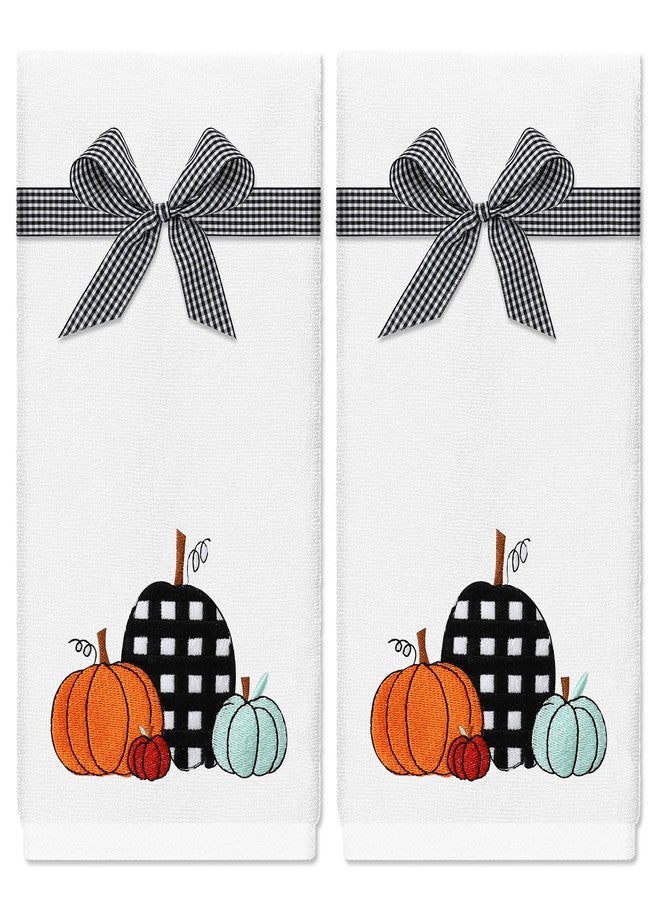 JarThenaAMCS 2Pcs Fall Hand Towels Pumpkin Embroidered Cotton Bathroom Towel with Ribbon Autumn Dish Towel for Thanksgiving Drying Cleaning Cooking Gift, 29.5 x 13.7 Inch - Image 1