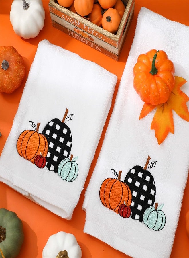 JarThenaAMCS 2Pcs Fall Hand Towels Pumpkin Embroidered Cotton Bathroom Towel with Ribbon Autumn Dish Towel for Thanksgiving Drying Cleaning Cooking Gift, 29.5 x 13.7 Inch - Image 4